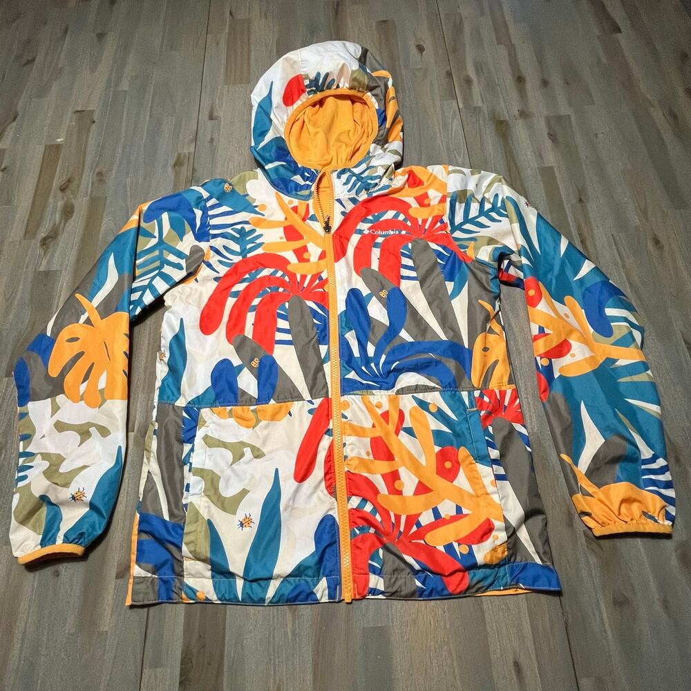 Columbia Sportswear Women's Large Reversible Hooded Jacket Colorful Print Yellow